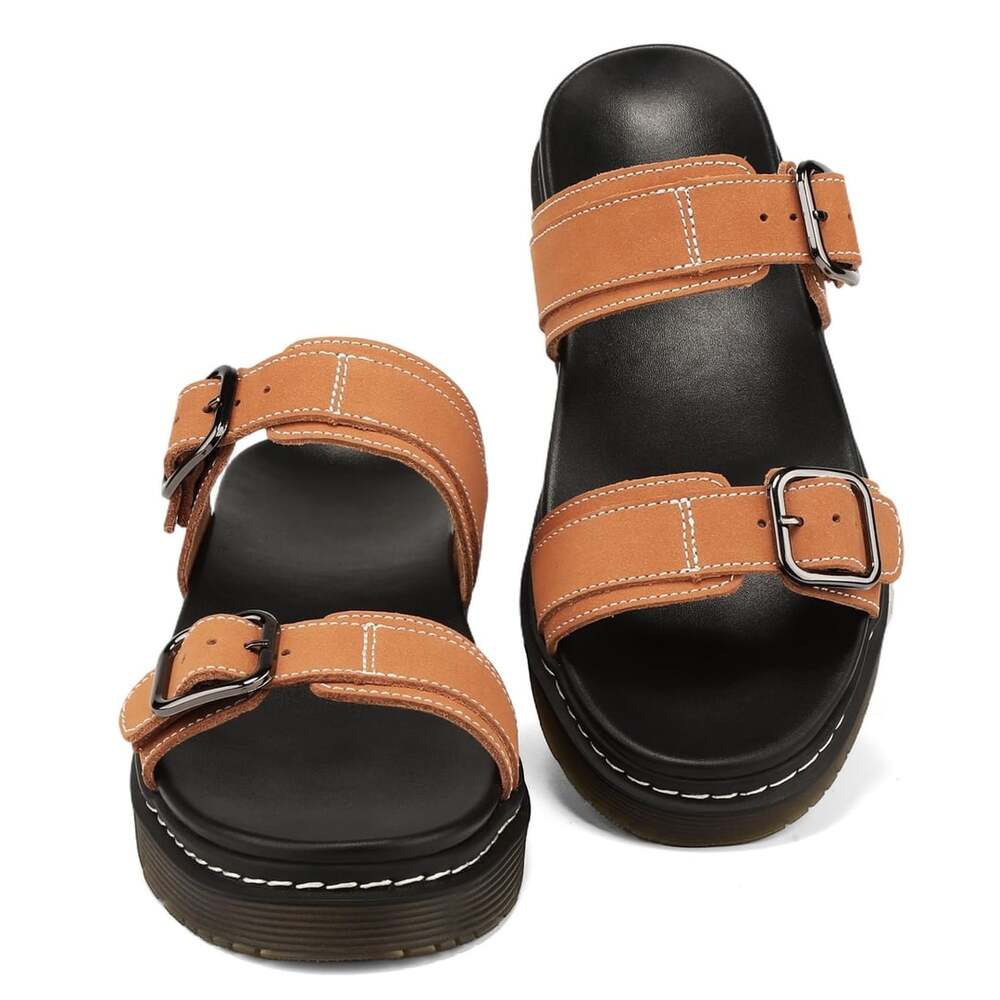 VNVCN Platform Sandals Tan Leather Buckle Strap Slide Shoes